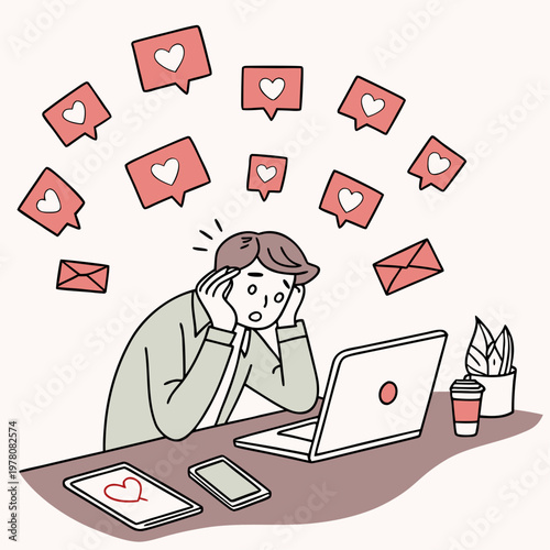 Man overloaded with social media likes and messages on his phone online life messages overwhelmed notification internet