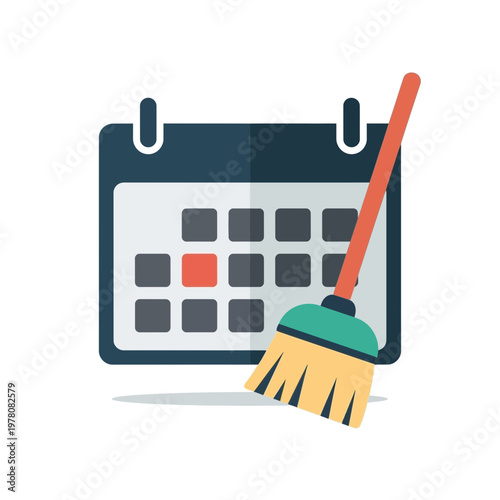 Calendar with broom, concept of planning, cleaning schedule, event organization