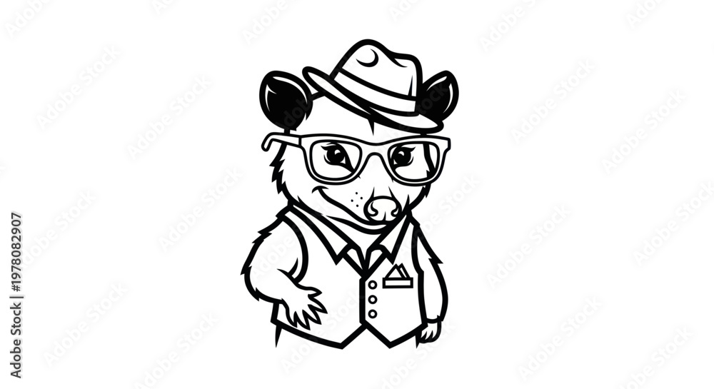 Fototapeta premium Stylish Opossum Cartoon Character Wearing Hat and Glasses