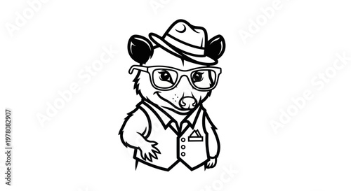 Stylish Opossum Cartoon Character Wearing Hat and Glasses
