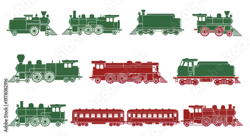 Vintage Steam Train Silhouettes Collection: Red and Green Classic Locomotives