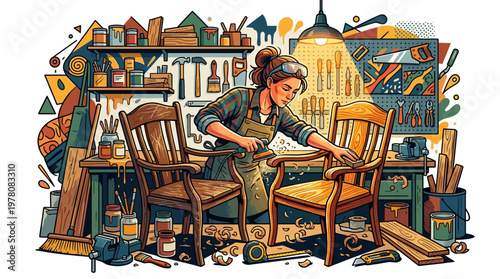 Woman working on wooden chair furniture.