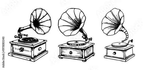 Gramophone set with rough hand-inked art featuring antique, brass, vintage, music with retro and classic design