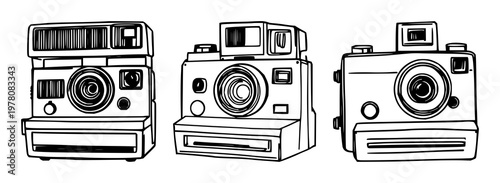 Camera set with sketchy retro style featuring a vintage instant film camera, photography, and old technology with black lines and isolated elements