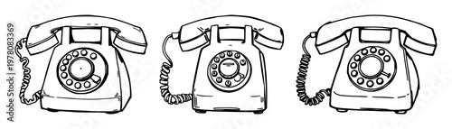 Rotary phone set with rough sketchy line art featuring telephone, vintage, analog with line drawing and black and white on white background