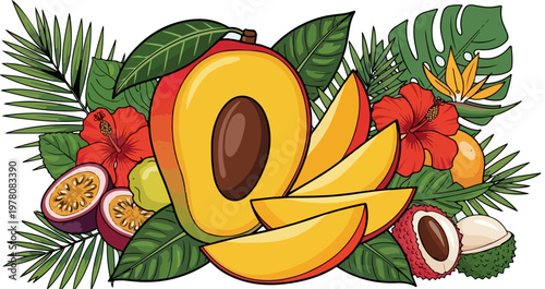 Tropical mango fruit illustration with exotic hibiscus flowers and palm leaves, fresh sliced mango and passion fruit vector, summer botanical design