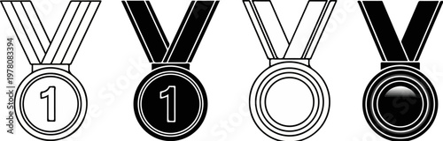 Minimalist first place medal icons, set of 4 black and white award vectors, winner trophy symbols with ribbons for sports and achievement