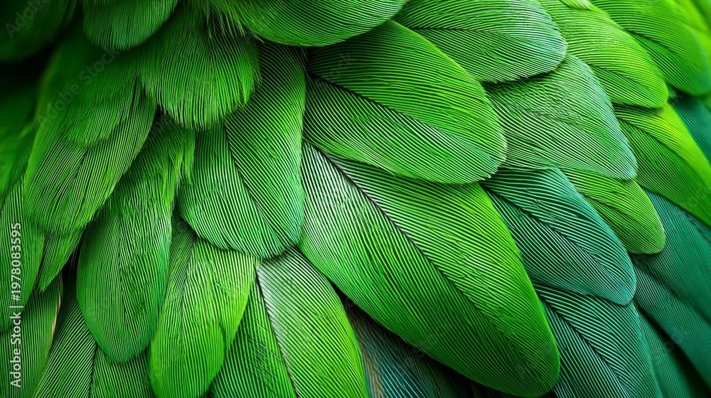 Obraz premium Close-up view of vibrant green feathers showcasing intricate patterns and textures, highlighting the natural beauty of avian plumage in a detailed macro shot
