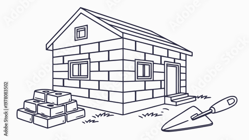 Simple brick house construction with building materials and tools