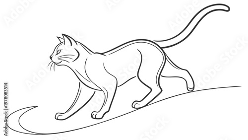Elegant cat gracefully walking with tail raised in a stylized outline