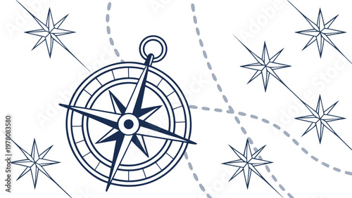 Vintage compass guiding the way with star-like markers and dotted lines.