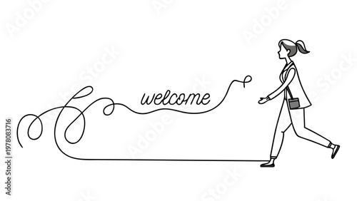 Woman walking towards a flowing line forming the word welcome