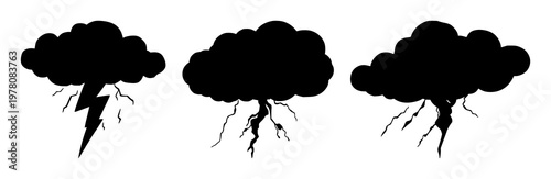Thunderstorm set with dramatic black silhouette against a white background featuring cloud, lightning, sky with black and white and atmospheric