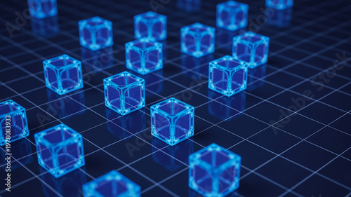 Glowing blue digital blockchain cubes on dark grid floor representing technology.