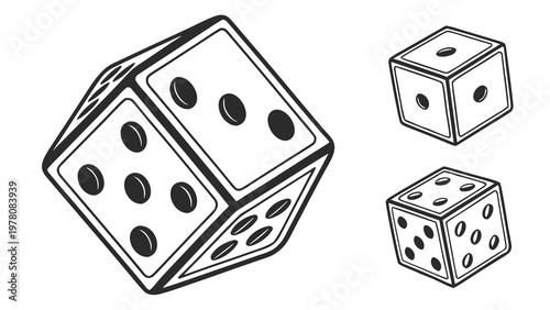 Three classic dice scattered on a white background, representing chance and games