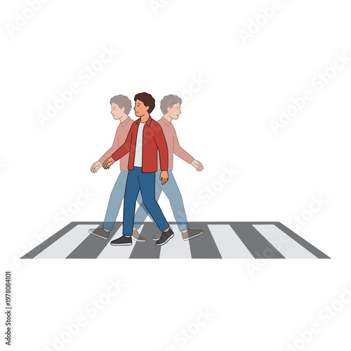 Three men walking across a crosswalk in a stylized illustration