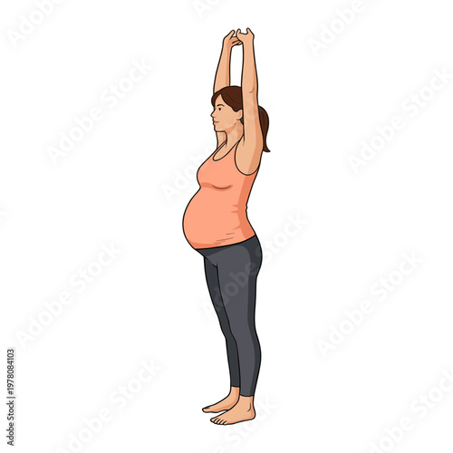 A pregnant woman stretches her arms up in a serene outdoor setting.