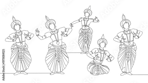 Traditional Indian Classical Dance Poses Line Art – Cultural Bharatanatyam Dancer Illustration Set