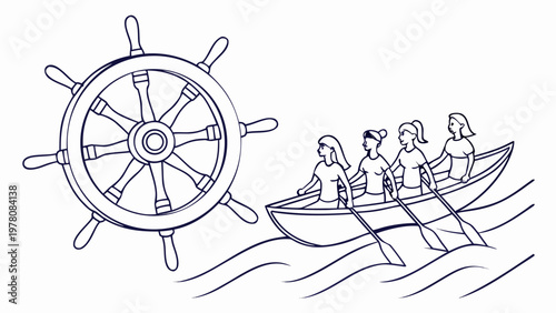 Team of women rowing a boat together towards a large ship's wheel, symbolizing teamwork and shared direction.