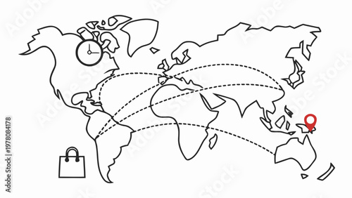 Global shipping routes connect continents, illustrating worldwide commerce and logistics.