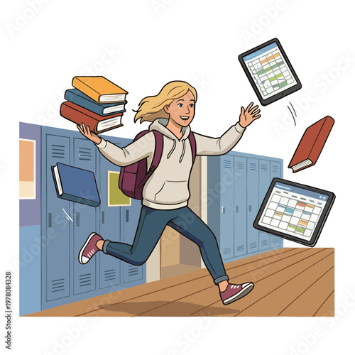 Student runs down school hallway with books and tablets floating around.