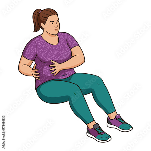 Woman doing a squat exercise in a fitness class with purple shirt and green pants