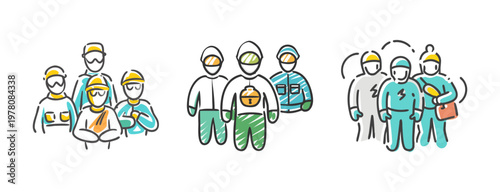 Industrial worker team icons in hand-drawn sketch style, construction crew and maintenance staff vector set, professional labor group illustrations