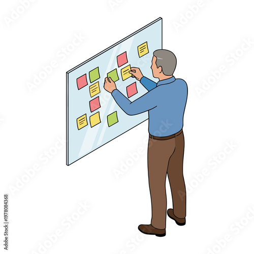 Man placing sticky notes on board for planning