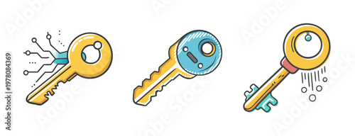 Digital security keys, cyber protection icons, 3 vector elements for data safety