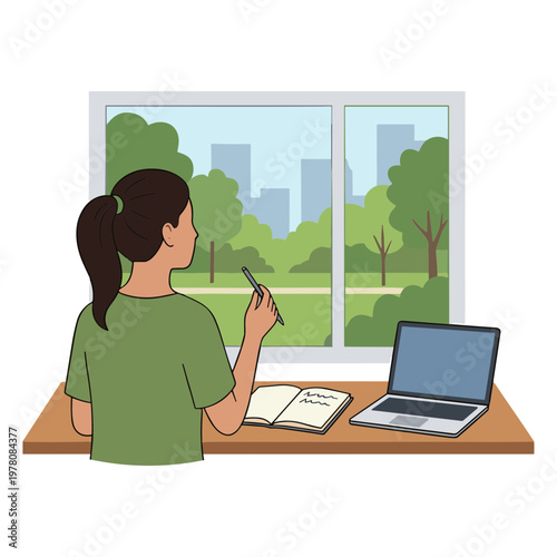 Woman writing at desk with city park view from window