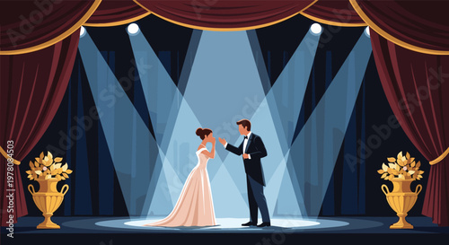 Elegant man and woman perform a dramatic scene on a theater stage under bright spotlights with heavy velvet curtains.