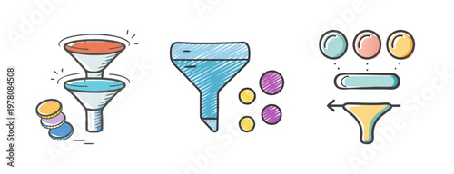 Hand drawn sales funnel icons, marketing conversion funnel set, doodle business process