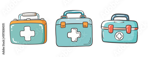 Medical first aid kit vector set, emergency medicine box icons, healthcare supply cases