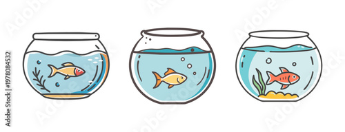 Goldfish in glass bowls set, cute pet fish in aquariums, 3 vector animal illustrations
