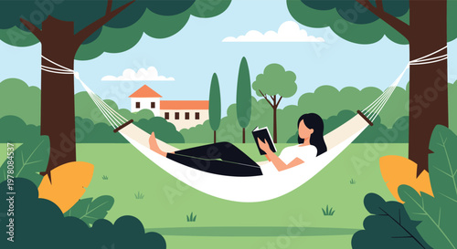 Peaceful woman relaxes in a white hammock while reading a book in a beautiful garden surrounded by lush green trees.