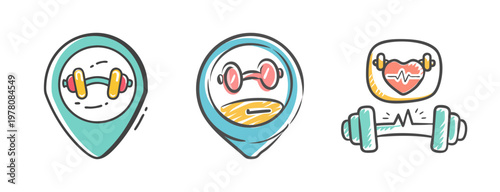 Fitness gym location icons, hand drawn workout map pins, sport club vector set