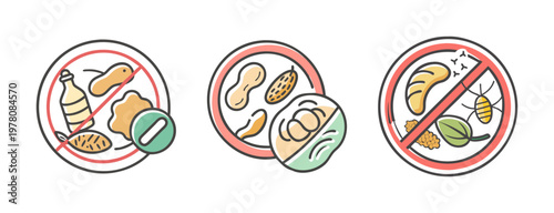 Food allergy warning icons set, gluten free and nut free dietary restriction symbols, allergen avoidance vector illustrations for packaging
