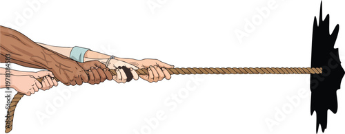 Tug Of War With Diverse Hands Pulling Rope Against Black Force