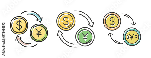 Currency exchange vector icons set, money conversion symbols with dollar and yen coins, financial transaction and foreign trade illustrations