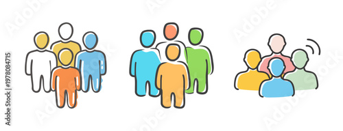 Hand drawn people group icons set, colorful community and teamwork illustrations, diverse crowd and audience vector symbols for business presentations