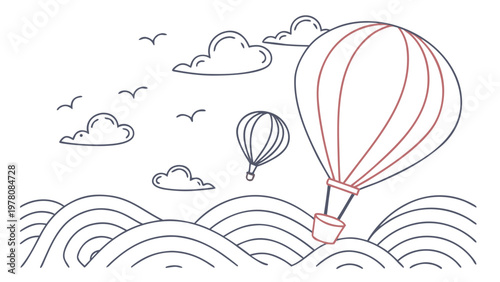 Whimsical hot air balloons float serenely above stylized waves under a cloudy sky.