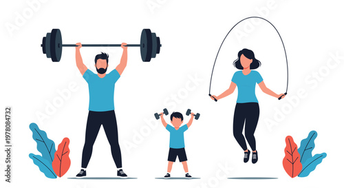 Active family engages in a healthy fitness routine with a man lifting weights, a woman jumping rope, and a child exercising.