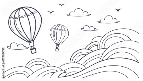 Two hot air balloons drift peacefully over stylized waves under a cloudy sky with birds.