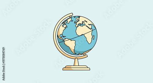 Detailed terrestrial globe stands on a base showing continents and oceans against a solid light blue background color.