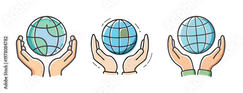Eco-friendly hand drawn globe icons, human hands holding planet earth vector set, environmental protection and sustainability concept illustrations