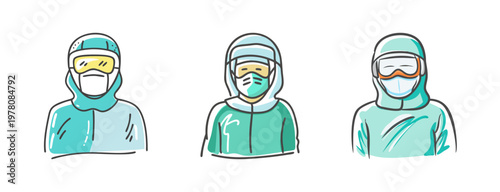 Medical protective suit icons, healthcare workers in hazmat gear and face masks, professional laboratory safety equipment vector set