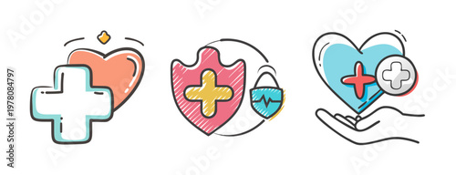 Hand-drawn medical health icons set, colorful doodle style healthcare symbols, heart and cross medical insurance vector illustrations on white background