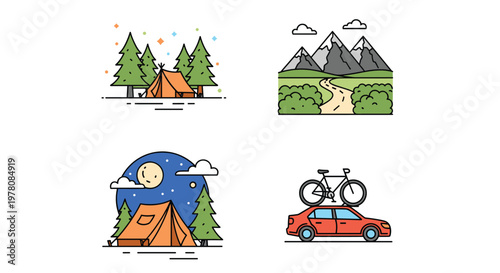 Set of four adventure icons illustrates camping in a tent, driving on mountain roads, and transporting a bicycle on a car.