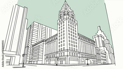 Architectural drawing of a grand vintage skyscraper rising above a cityscape.