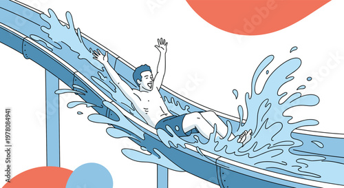 Excited young man enjoys a thrilling ride down a large blue water slide at an outdoor water park with huge splashes.